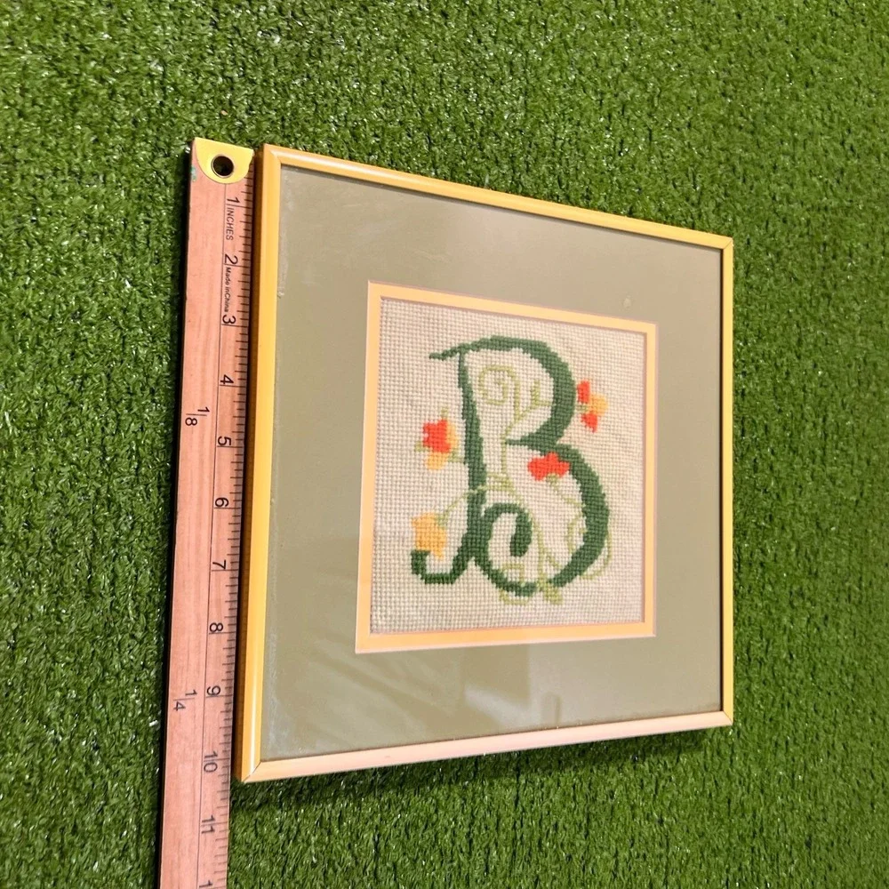 Vintage Framed Needlepoint Floral Monogram Professional Framed Sage Green Yellow